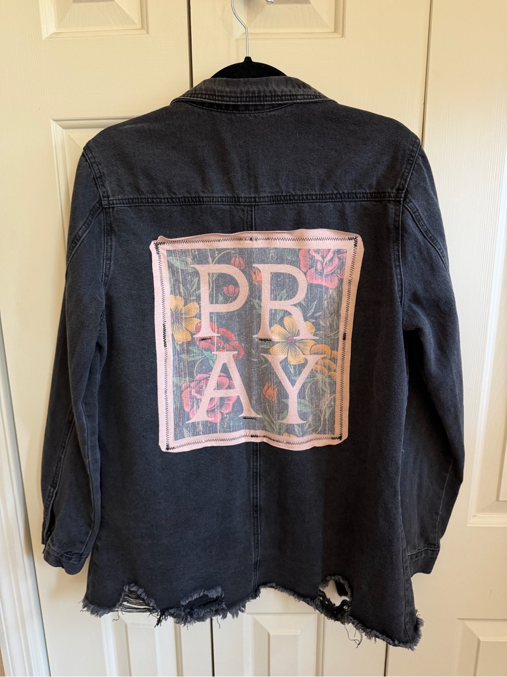 Black Distressed Denim Jacket with Pink Floral PRAY - custom Upcycled
